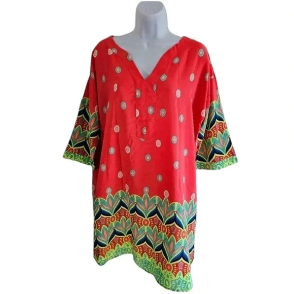 Isle by Melis Kozan Boho Abstract Caftan Dress L Coral Tropical Resort Tunic - Picture 2 of 10